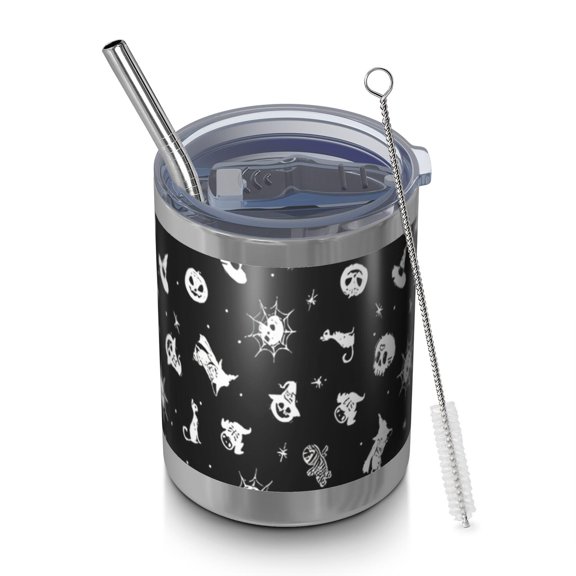 12oz Tumblers Black Halloween Cat Skull Pattern Vacuum Insulated Stainless Steel Travel Tumbler Cups Mug with Lid and Straw for Beer,Coffee,Beverages with Cleaning Brush for Cold & Hot Drinks