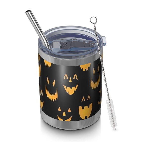 12oz Tumblers Black Halloween Pumpkin Faces Vacuum Insulated Stainless Steel Travel Tumbler Cups Mug with Lid and Straw for Beer,Coffee,Beverages with Cleaning Brush for Cold & Hot Drinks