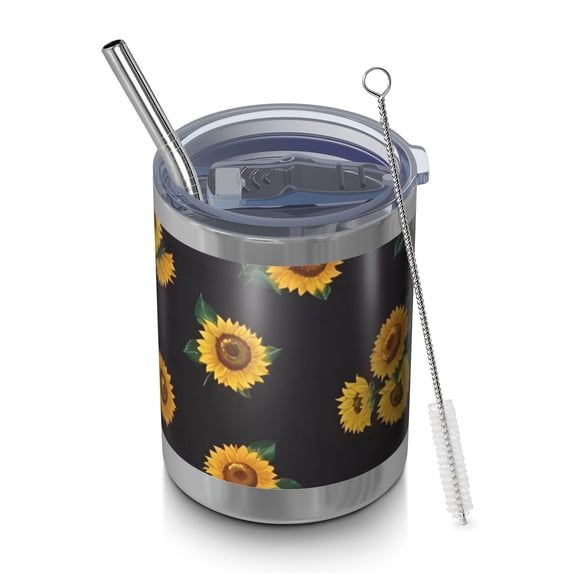 12oz Tumblers Black Sunflower Green Leaf Pattern Vacuum Insulated Stainless Steel Travel Tumbler Cups Mug with Lid and Straw for Beer,Coffee,Beverages with Cleaning Brush for Cold & Hot Drinks