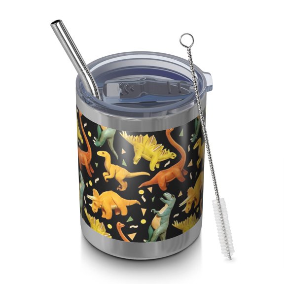 12oz Tumblers Black Toy Like Dinosaurs Pattern Vacuum Insulated Stainless Steel Travel Tumbler Cups Mug with Lid and Straw for Beer,Coffee,Beverages with Cleaning Brush for Cold & Hot Drinks