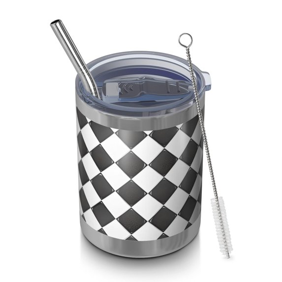 12oz Tumblers Black and White Checkerboard Checkered Vacuum Insulated Stainless Steel Travel Tumbler Cups Mug with Lid and Straw for Beer,Coffee,Beverages with Cleaning Brush for Cold Hot Drinks