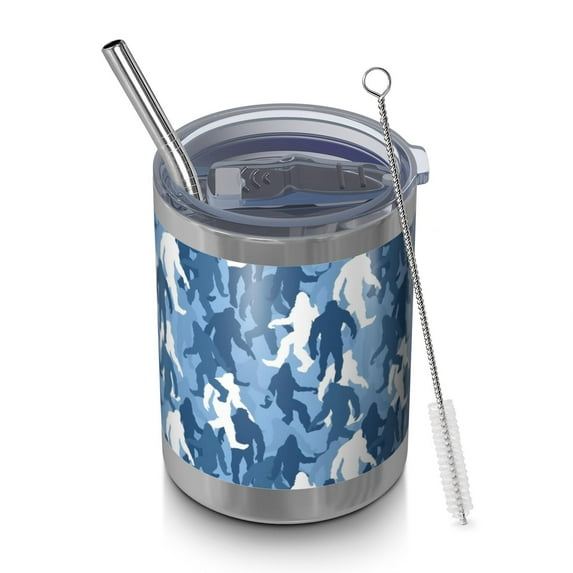 12oz Tumblers Blue Camouflage Bigfoot Pattern Vacuum Insulated Stainless Steel Travel Tumbler Cups Mug with Lid and Straw for Beer,Coffee,Beverages with Cleaning Brush for Cold & Hot Drinks