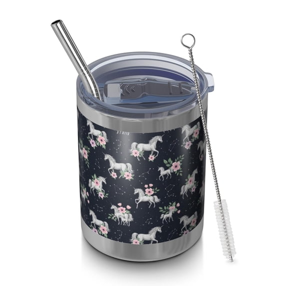 12oz Tumblers Blue Cartoon Unicorn Flower Pattern Vacuum Insulated Stainless Steel Travel Tumbler Cups Mug with Lid and Straw for Beer,Coffee,Beverages with Cleaning Brush for Cold & Hot Drinks