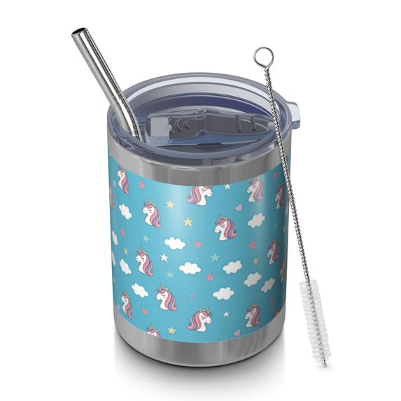 12oz Tumblers Blue Cartoon Unicorn Head Star Cloud Vacuum Insulated Stainless Steel Travel Tumbler Cups Mug with Lid and Straw for Beer,Coffee,Beverages with Cleaning Brush for Cold Hot Drinks