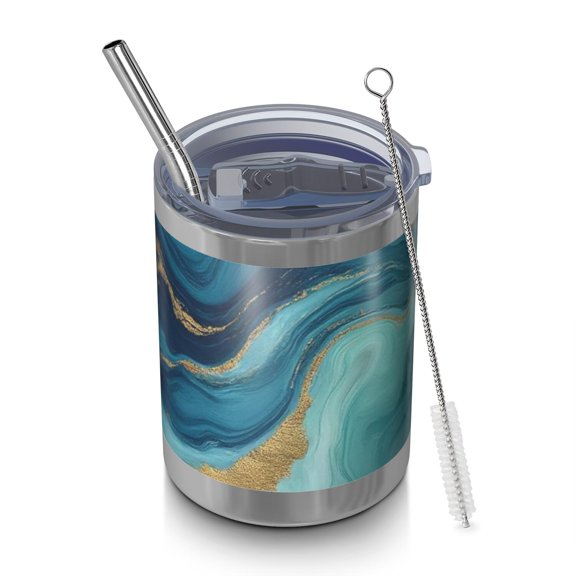 12oz Tumblers Blue Marble Gold Wave Pattern Vacuum Insulated Stainless Steel Travel Tumbler Cups Mug with Lid and Straw for Beer,Coffee,Beverages with Cleaning Brush for Cold & Hot Drinks