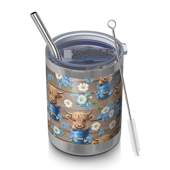 12oz Tumblers Brown Highland Cow Blue Bucket Flower Vacuum Insulated Stainless Steel Travel Tumbler Cups Mug with Lid and Straw for Beer,Coffee,Beverages with Cleaning Brush for Cold Hot Drinks