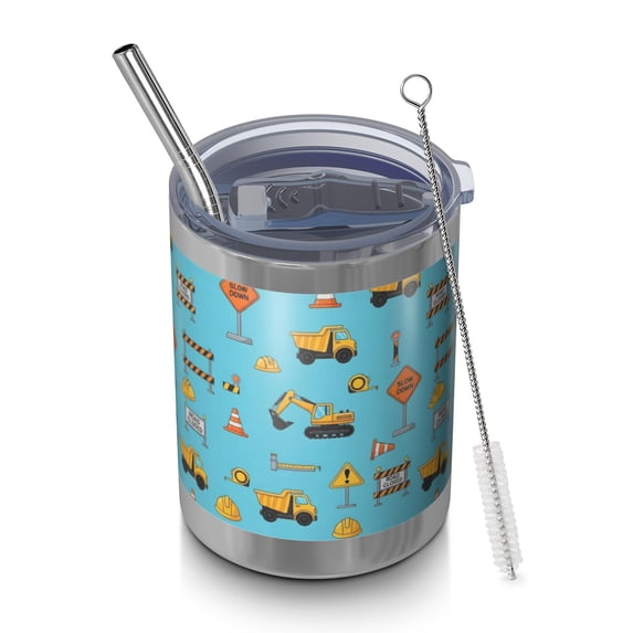 12oz Tumblers Cartoon Construction Vehicles Signs Light Blue Vacuum Insulated Stainless Steel Travel Tumbler Cups with Lid and Straw for Beer,Coffee,Beverages with Cleaning Brush for Cold Hot Drinks
