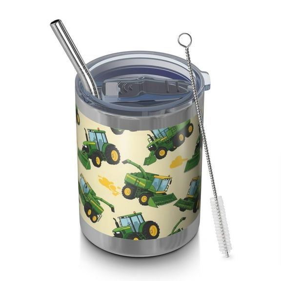 12oz Tumblers Cartoon Tractors Harvesters Beige Pattern Vacuum Insulated Stainless Steel Travel Tumbler Cups Mug with Lid and Straw for Beer,Coffee,Beverages with Cleaning Brush for Cold & Hot Drinks