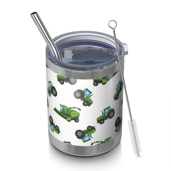 12oz Tumblers Cartoon Tractors Harvesters White Pattern Vacuum Insulated Stainless Steel Travel Tumbler Cups Mug with Lid and Straw for Beer,Coffee,Beverages with Cleaning Brush for Cold & Hot Drinks