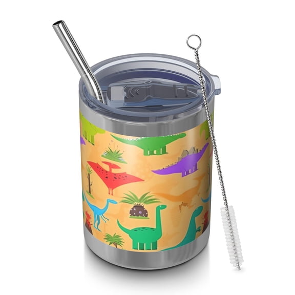 12oz Tumblers Colorful Cartoon Dinosaurs Volcanoes Vacuum Insulated Stainless Steel Travel Tumbler Cups Mug with Lid and Straw for Beer,Coffee,Beverages with Cleaning Brush for Cold Hot Drinks