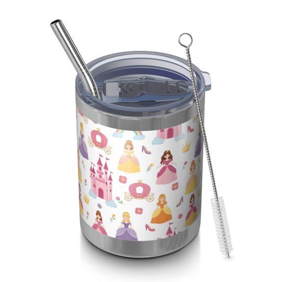 12oz Tumblers Colorful Princess Castle Pattern Vacuum Insulated Stainless Steel Travel Tumbler Cups Mug with Lid and Straw for Beer,Coffee,Beverages with Cleaning Brush for Cold & Hot Drinks