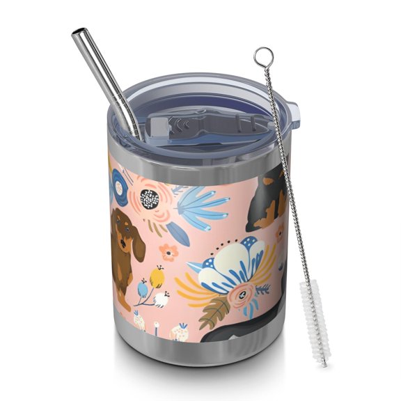 12oz Tumblers Dachshund and Flower Vacuum Insulated Stainless Steel Travel Tumbler Cups Mug with Lid and Straw for Beer,Coffee,Beverages with Cleaning Brush for Cold & Hot Drinks