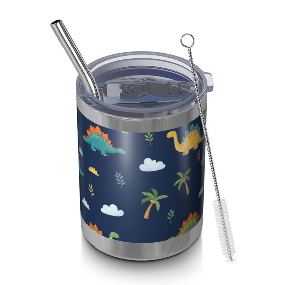 12oz Tumblers Dark Blue Dinosaurs Palms Clouds Pattern Vacuum Insulated Stainless Steel Travel Tumbler Cups Mug with Lid and Straw for Beer,Coffee,Beverages with Cleaning Brush for Cold & Hot Drinks