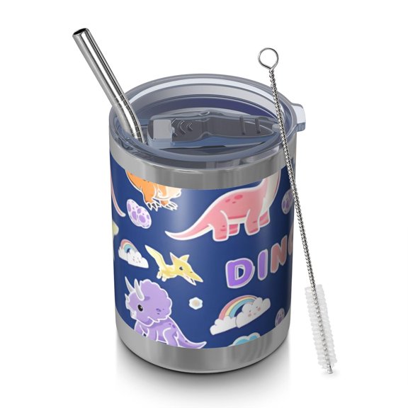 12oz Tumblers DarkBlue Cartoon Dinosaurs Rainbow Volcanoes Vacuum Insulated Stainless Steel Travel Tumbler Cups with Lid and Straw for Beer,Coffee,Beverages with Cleaning Brush for Cold Hot Drinks