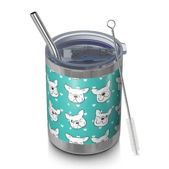 12oz Tumblers Esign of Head Pug Dog Vacuum Insulated Stainless Steel Travel Tumbler Cups Mug with Lid and Straw for Beer,Coffee,Beverages with Cleaning Brush for Cold & Hot Drinks