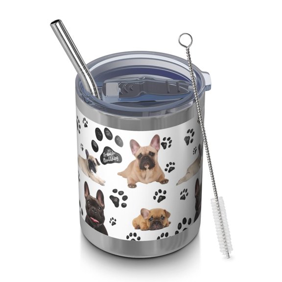 12oz Tumblers French Bulldog Footprint Vacuum Insulated Stainless Steel Travel Tumbler Cups Mug with Lid and Straw for Beer,Coffee,Beverages with Cleaning Brush for Cold & Hot Drinks