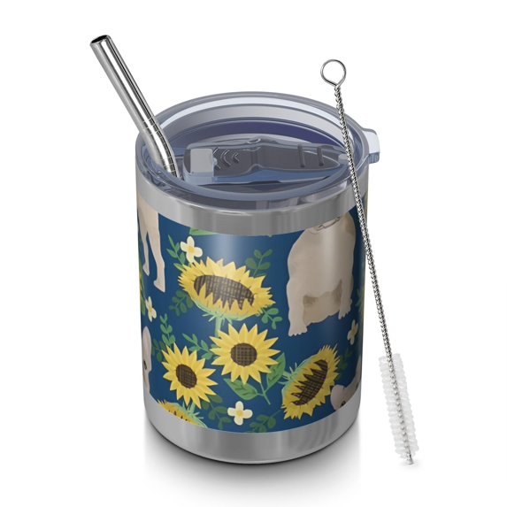 12oz Tumblers French Bulldog Sunflowers Floral Vacuum Insulated Stainless Steel Travel Tumbler Cups Mug with Lid and Straw for Beer,Coffee,Beverages with Cleaning Brush for Cold & Hot Drinks