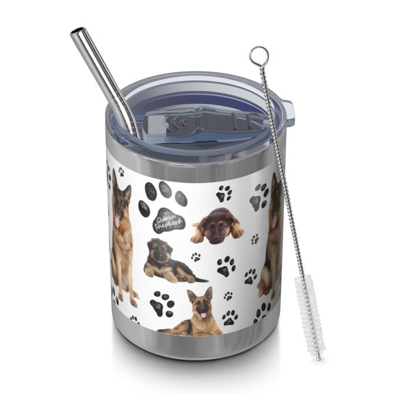 12oz Tumblers German Shepherd Dog and Footprint Vacuum Insulated Stainless Steel Travel Tumbler Cups Mug with Lid and Straw for Beer,Coffee,Beverages with Cleaning Brush for Cold & Hot Drinks