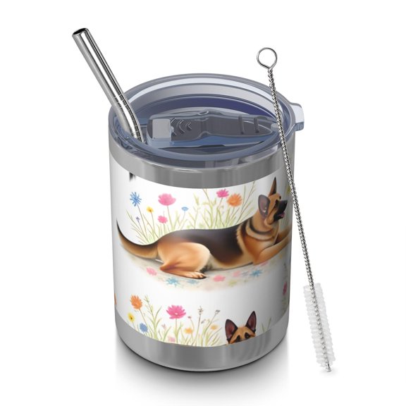 12oz Tumblers German Shepherd Dogs with Flowers Vacuum Insulated Stainless Steel Travel Tumbler Cups Mug with Lid and Straw for Beer,Coffee,Beverages with Cleaning Brush for Cold & Hot Drinks