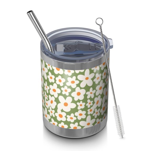 12oz Tumblers Green Daisy Flower Orange Centers Pattern Vacuum Insulated Stainless Steel Travel Tumbler Cups Mug with Lid and Straw for Beer,Coffee,Beverages with Cleaning Brush for Cold & Hot Drinks