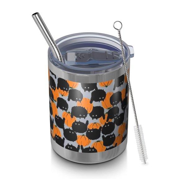 12oz Tumblers Halloween Black Cat Pumpkin Pattern Vacuum Insulated Stainless Steel Travel Tumbler Cups Mug with Lid and Straw for Beer,Coffee,Beverages with Cleaning Brush for Cold & Hot Drinks