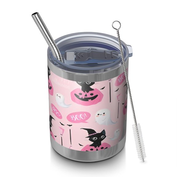 12oz Tumblers Halloween Black Cats Ghosts and Pumpkins Vacuum Insulated Stainless Steel Travel Tumbler Cups Mug with Lid and Straw for Beer,Coffee,Beverages with Cleaning Brush for Cold & Hot Drinks