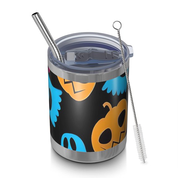 12oz Tumblers Halloween Colorful Spooky Elements Vacuum Insulated Stainless Steel Travel Tumbler Cups Mug with Lid and Straw for Beer,Coffee,Beverages with Cleaning Brush for Cold & Hot Drinks