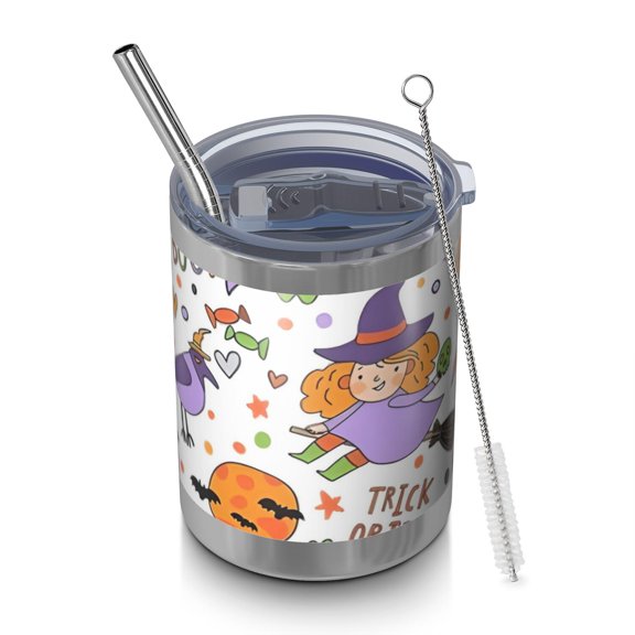 12oz Tumblers Halloween Cute Trick or Treat Characters Vacuum Insulated Stainless Steel Travel Tumbler Cups Mug with Lid and Straw for Beer,Coffee,Beverages with Cleaning Brush for Cold & Hot Drinks