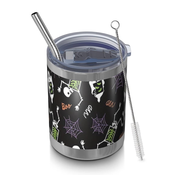 12oz Tumblers Halloween Skeleton Ghost Pattern Vacuum Insulated Stainless Steel Travel Tumbler Cups Mug with Lid and Straw for Beer,Coffee,Beverages with Cleaning Brush for Cold & Hot Drinks