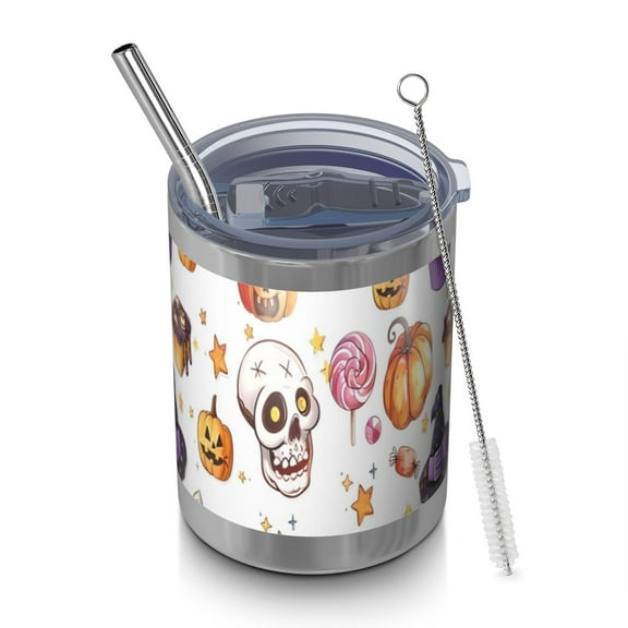 12oz Tumblers Halloween Treats Pattern Vacuum Insulated Stainless Steel Travel Tumbler Cups Mug with Lid and Straw for Beer,Coffee,Beverages with Cleaning Brush for Cold & Hot Drinks
