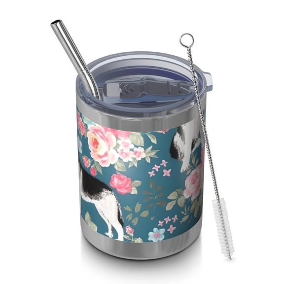 12oz Tumblers Husky Dog Flower Floral Vacuum Insulated Stainless Steel Travel Tumbler Cups Mug with Lid and Straw for Beer,Coffee,Beverages with Cleaning Brush for Cold & Hot Drinks