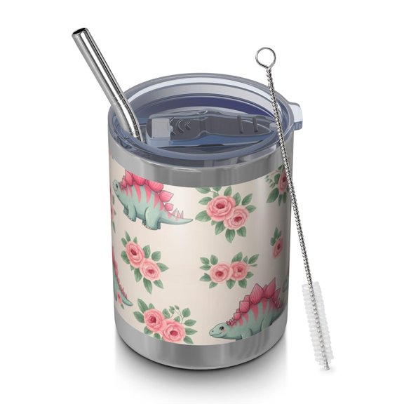 12oz Tumblers LightColor Cartoon Dinosaurs Flowers Vacuum Insulated Stainless Steel Travel Tumbler Cups Mug with Lid and Straw for Beer,Coffee,Beverages with Cleaning Brush for Cold Hot Drinks