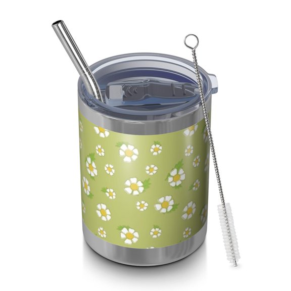 12oz Tumblers Lightgreen Daisy Flower White Blooms Vacuum Insulated Stainless Steel Travel Tumbler Cups Mug with Lid and Straw for Beer,Coffee,Beverages with Cleaning Brush for Cold Hot Drinks