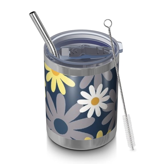 12oz Tumblers Navy Daisy Flower Pattern Vacuum Insulated Stainless Steel Travel Tumbler Cups Mug with Lid and Straw for Beer,Coffee,Beverages with Cleaning Brush for Cold & Hot Drinks