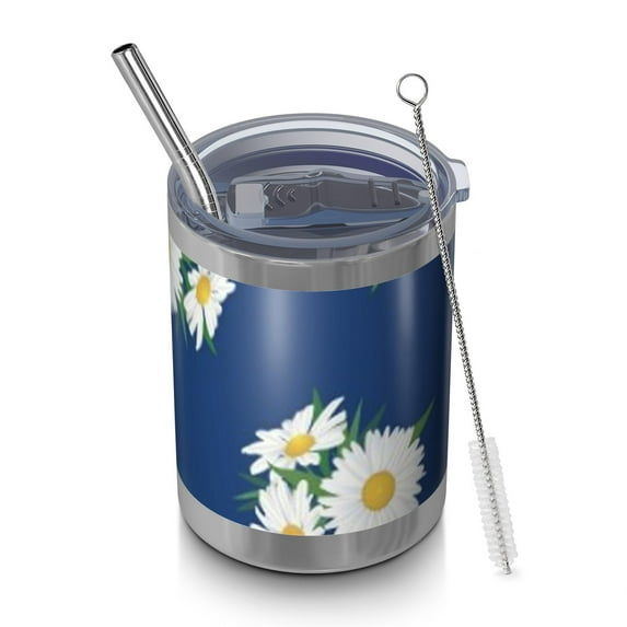 12oz Tumblers Navy Daisy Flower White Blooms Pattern Vacuum Insulated Stainless Steel Travel Tumbler Cups Mug with Lid and Straw for Beer,Coffee,Beverages with Cleaning Brush for Cold & Hot Drinks