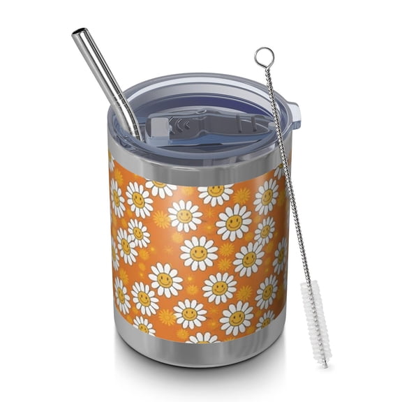 12oz Tumblers Orange Daisy Flower Smiley Faces Pattern Vacuum Insulated Stainless Steel Travel Tumbler Cups Mug with Lid and Straw for Beer,Coffee,Beverages with Cleaning Brush for Cold & Hot Drinks