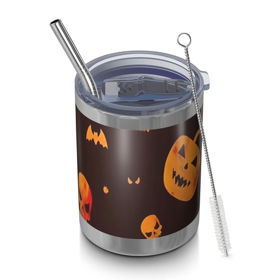 12oz Tumblers Orange Halloween Spooky Elements Vacuum Insulated Stainless Steel Travel Tumbler Cups Mug with Lid and Straw for Beer,Coffee,Beverages with Cleaning Brush for Cold & Hot Drinks