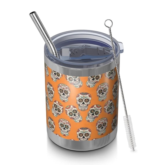 12oz Tumblers Orange Skull Pattern Vacuum Insulated Stainless Steel Travel Tumbler Cups Mug with Lid and Straw for Beer,Coffee,Beverages with Cleaning Brush for Cold & Hot Drinks