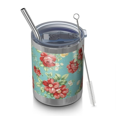 12oz Tumblers Pioneer Flower Vacuum Insulated Stainless Steel Travel Tumbler Cups Mug with Lid and Straw for Beer,Coffee,Beverages with Cleaning Brush for Cold & Hot Drinks