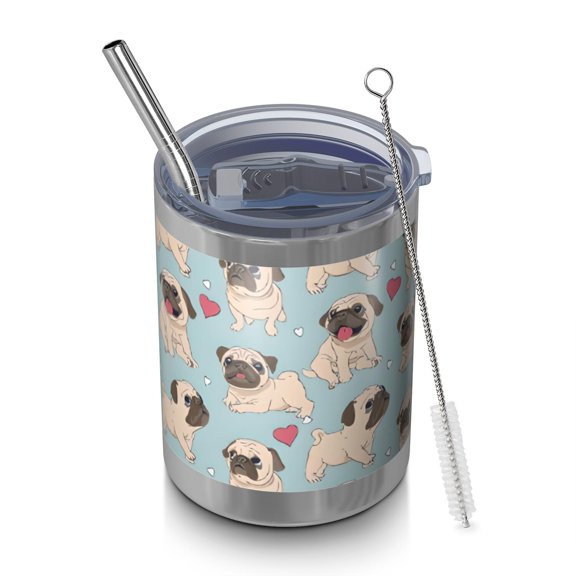 12oz Tumblers Pug and Love Heart Vacuum Insulated Stainless Steel Travel Tumbler Cups Mug with Lid and Straw for Beer,Coffee,Beverages with Cleaning Brush for Cold & Hot Drinks