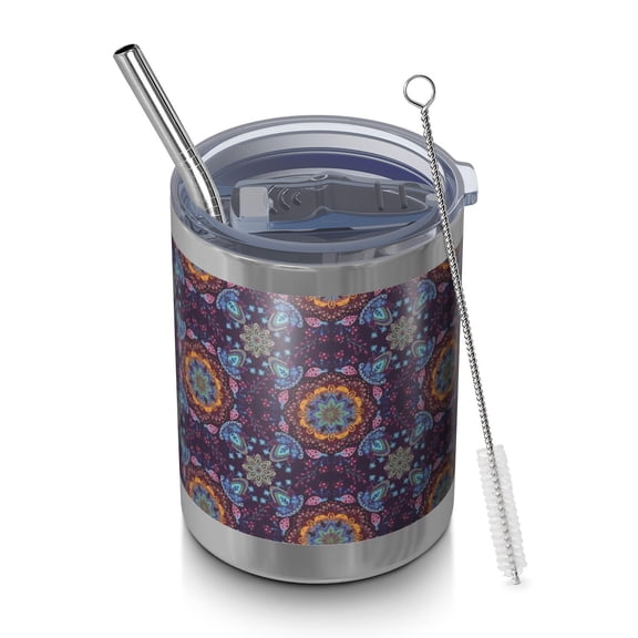 12oz Tumblers Purple Circular Floral Pattern Vacuum Insulated Stainless Steel Travel Tumbler Cups Mug with Lid and Straw for Beer,Coffee,Beverages with Cleaning Brush for Cold & Hot Drinks