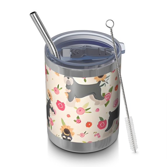 12oz Tumblers Schnauzer Dog and Flower Vacuum Insulated Stainless Steel Travel Tumbler Cups Mug with Lid and Straw for Beer,Coffee,Beverages with Cleaning Brush for Cold & Hot Drinks
