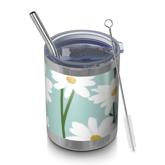12oz Tumblers Teal Daisy Flower White Blooms Pattern Vacuum Insulated Stainless Steel Travel Tumbler Cups Mug with Lid and Straw for Beer,Coffee,Beverages with Cleaning Brush for Cold & Hot Drinks