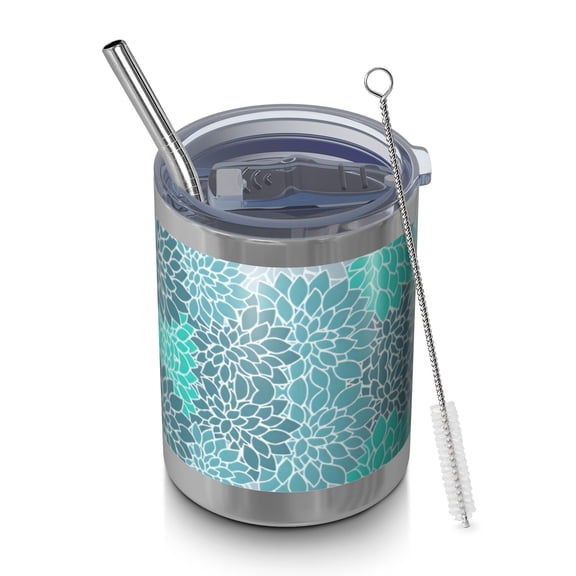12oz Tumblers Turquoise Floral and Petal Pattern Vacuum Insulated Stainless Steel Travel Tumbler Cups Mug with Lid and Straw for Beer,Coffee,Beverages with Cleaning Brush for Cold & Hot Drinks