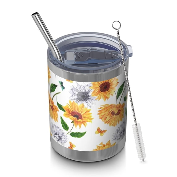 12oz Tumblers White Butterfly Sunflower Pattern Vacuum Insulated Stainless Steel Travel Tumbler Cups Mug with Lid and Straw for Beer,Coffee,Beverages with Cleaning Brush for Cold & Hot Drinks