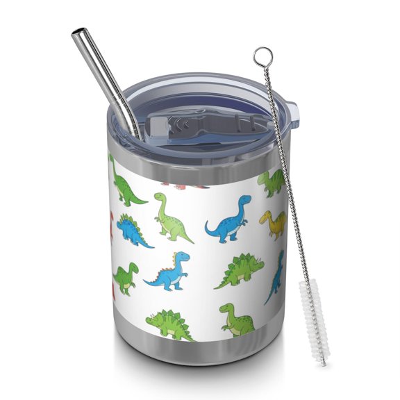 12oz Tumblers White Cartoon Dinosaurs Pattern Vacuum Insulated Stainless Steel Travel Tumbler Cups Mug with Lid and Straw for Beer,Coffee,Beverages with Cleaning Brush for Cold & Hot Drinks