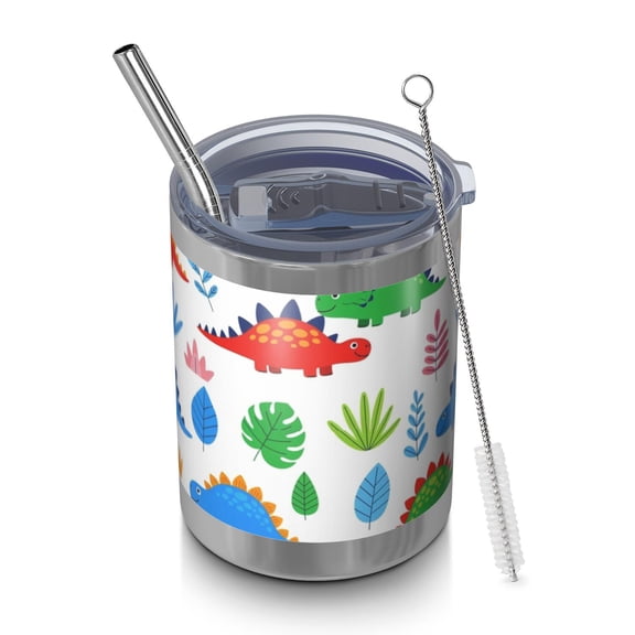 12oz Tumblers White Dinosaur Leaf Pattern Vacuum Insulated Stainless Steel Travel Tumbler Cups Mug with Lid and Straw for Beer,Coffee,Beverages with Cleaning Brush for Cold & Hot Drinks