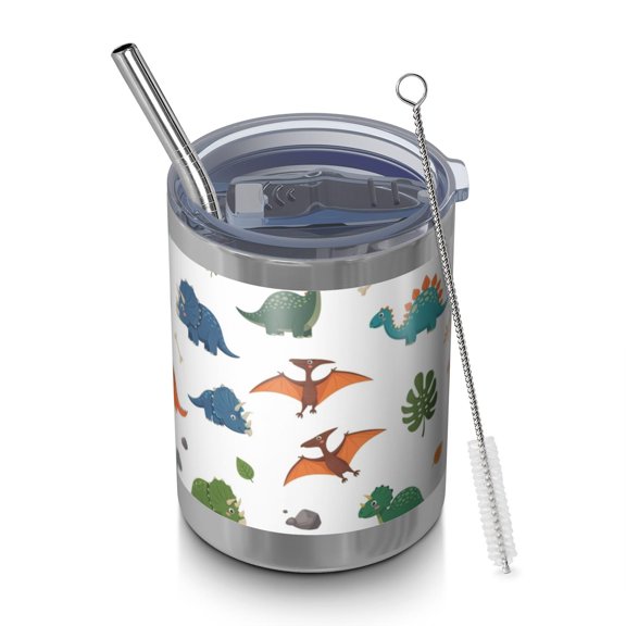 12oz Tumblers White Dinosaurs Fossils Plants Pattern Vacuum Insulated Stainless Steel Travel Tumbler Cups Mug with Lid and Straw for Beer,Coffee,Beverages with Cleaning Brush for Cold & Hot Drinks