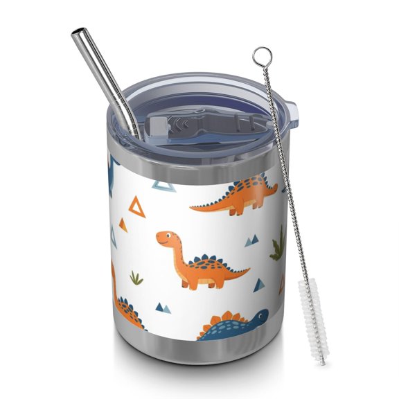 12oz Tumblers White Dinosaurs Geometric Plants Pattern Vacuum Insulated Stainless Steel Travel Tumbler Cups Mug with Lid and Straw for Beer,Coffee,Beverages with Cleaning Brush for Cold & Hot Drinks