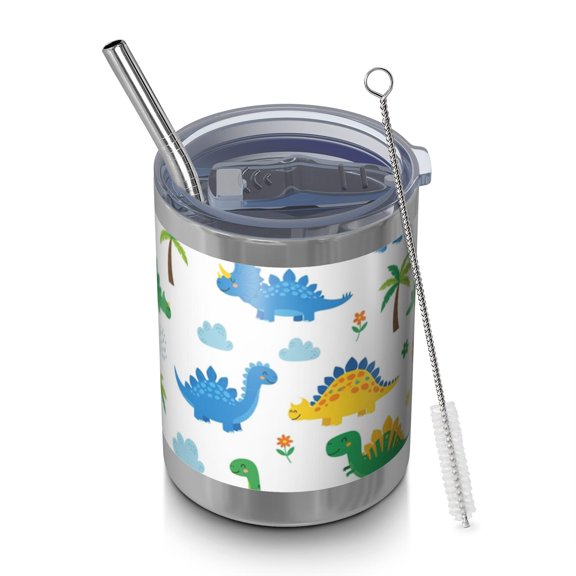 12oz Tumblers White Dinosaurs Palms Clouds Pattern Vacuum Insulated Stainless Steel Travel Tumbler Cups Mug with Lid and Straw for Beer,Coffee,Beverages with Cleaning Brush for Cold & Hot Drinks